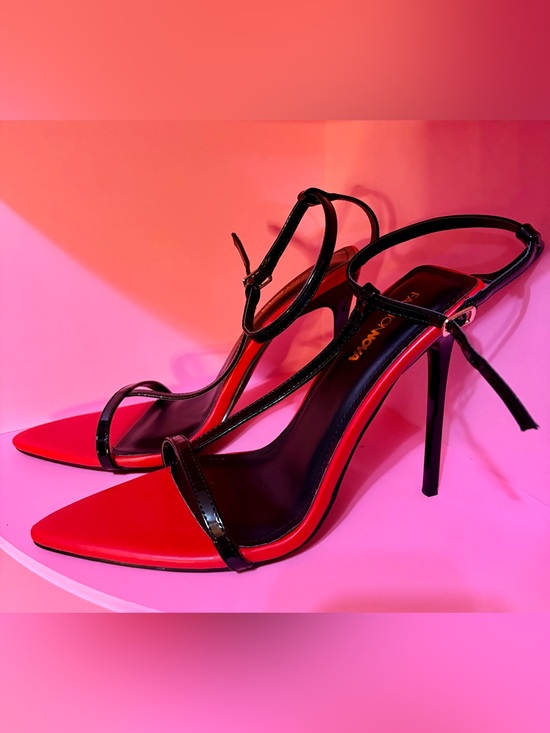 Fashion Nova Shoes - Fashion Nova Red and Black Stiletto Sandals with Ankle Strap